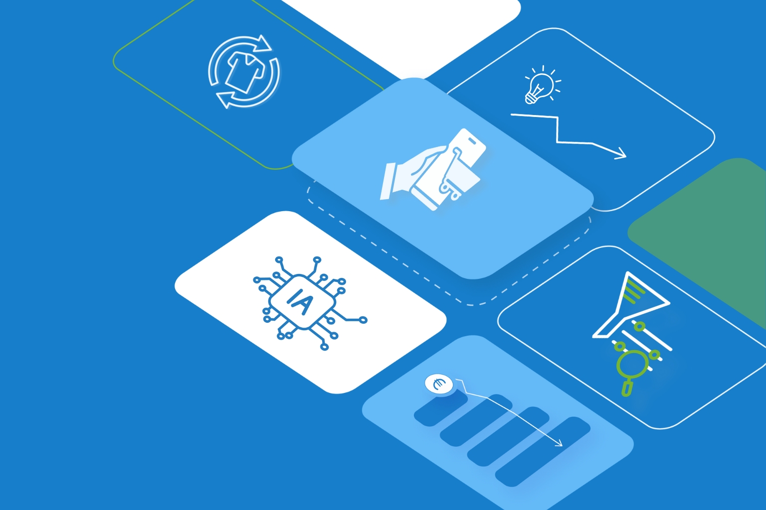 Illustration des tendances e-commerce 2026 montrant l'interaction entre l'intelligence artificielle et le comportement d'achat des consommateurs face à un panier d'achat stagnant.